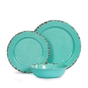 12pcs Melamine Dinnerware set for 4, Outdoor Use Dinner Plates and Bowls Set for Camping, Unbreakable, Turquoise