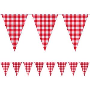2 Pieces Large Plastic Red And White Checkered Gingham Pennant Banner large Gingham Triangle Banner Red And White Banner For Picnic Birthday/Christmas Party Decoration Supplies-32.8 Feet