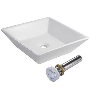 Aquaterior Square White Porcelain Ceramic Bathroom Vessel Sink Bowl Basin with Chrome Drain 16-1/7x16-1/7x4-1/3H