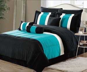 11-Piece Oversized Teal Blue & Black Comforter Set Bedding with Sheet Set (Queen)