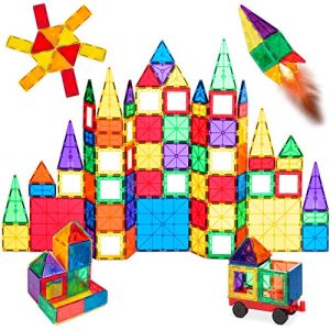 Best Choice Products 100-Piece Transparent Rainbow Magnetic Building Geometric Tiles for Fun, Learning, Creative and Motor Skill Development w/ Wagon and Carrying Case - Multi