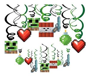 30Ct Pixel Mine Hanging Swirl Decorations - Pixel Mine Birthday Party Supplies Fan Decors