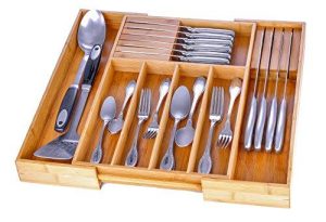 Bamboo Utensil Drawer Organizer - Expandable Kitchen Silverware Holder Cutlery Tray with 2 Removable Knife Blocks