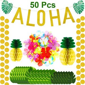 141 Pieces Hawaiian Aloha Party Decorations,Large Glitter Aloha Banner,Tissue Paper Pineapples, Tropical Palm Leaves, Artificial Hibiscus Luau Flowers, Gold Glittery Aloha Banner Luau Party Supplies