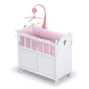 Badger Basket Cabinet Doll Crib with Gingham Bedding, Musical Mobile, Wheels, and Free Personalization Kit (fits American Girl Dolls)