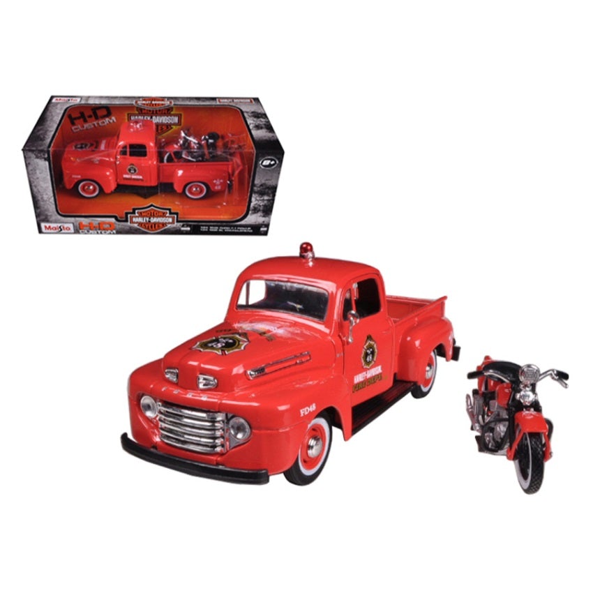 1948 Ford F-1 Pickup Truck Harley Davidson Fire With 1936 El Knucklehead Harley Davidson Motorcycle 1/24 Diecast Model by Maisto