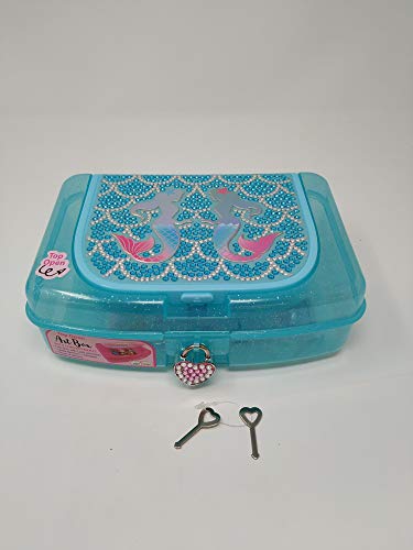 Hot Focus Art Box W/Compartments with Pad Locks and Keys - Mermaid Twins Girls School Pencil Case Box Includes Neon Gel Pen, Notepad and Stickers