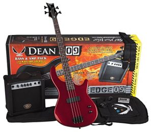 Dean Edge 09 Bass and Amp Pack with Metallic Red Dean Edge 09 Bass Guitar, Bass Amp, Gig Bag, Tuner, Cord, Strap, and Picks