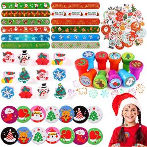 Golray Christmas Party Favors Toys Assortment Slap Bracelets Stocking Stuffers Christmas Rings Holiday Stampers Christmas Tattoos School Classroom Rewards Prizes Xmas Goodie Bag Fillers Holiday Party Favors